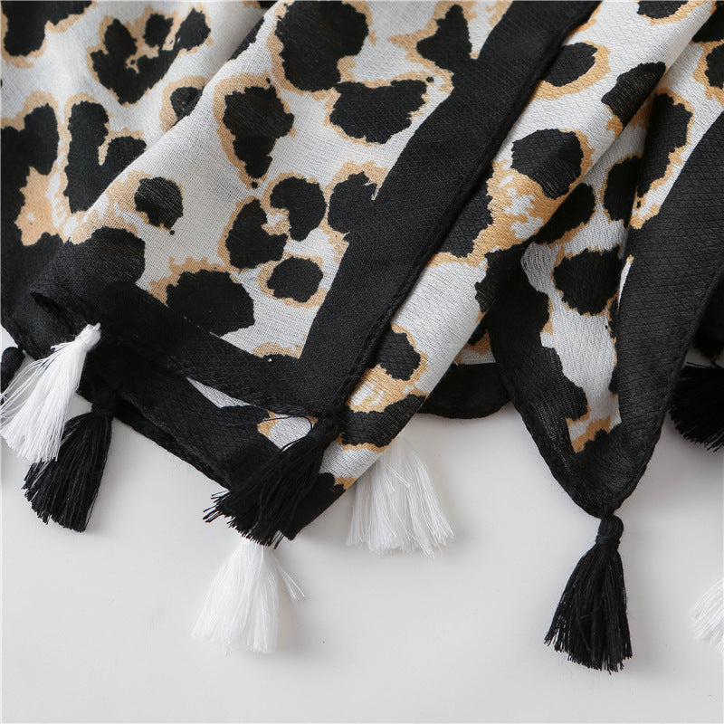 Oversized Leopard Print Scarf for Women with Tassel Trim