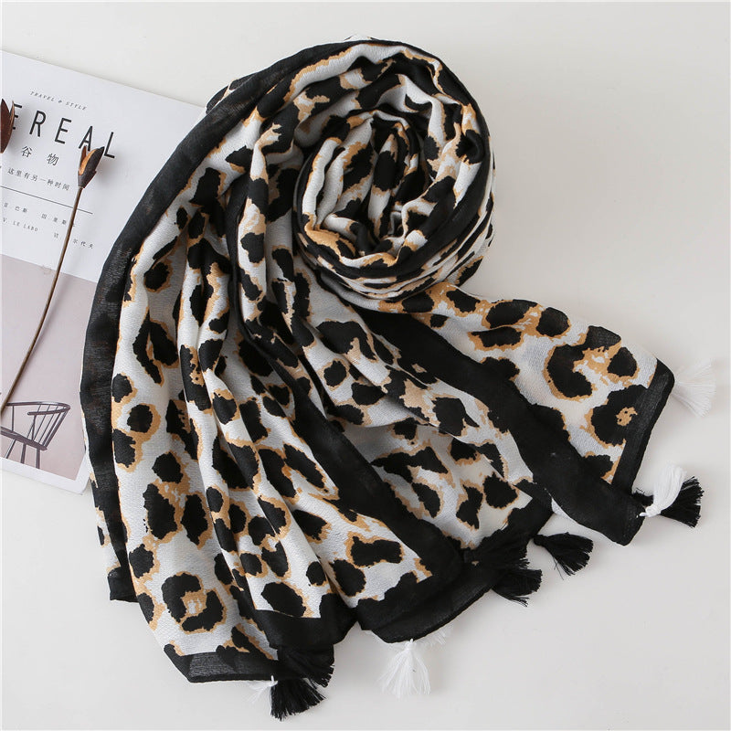 Oversized Leopard Print Scarf for Women with Tassel Trim