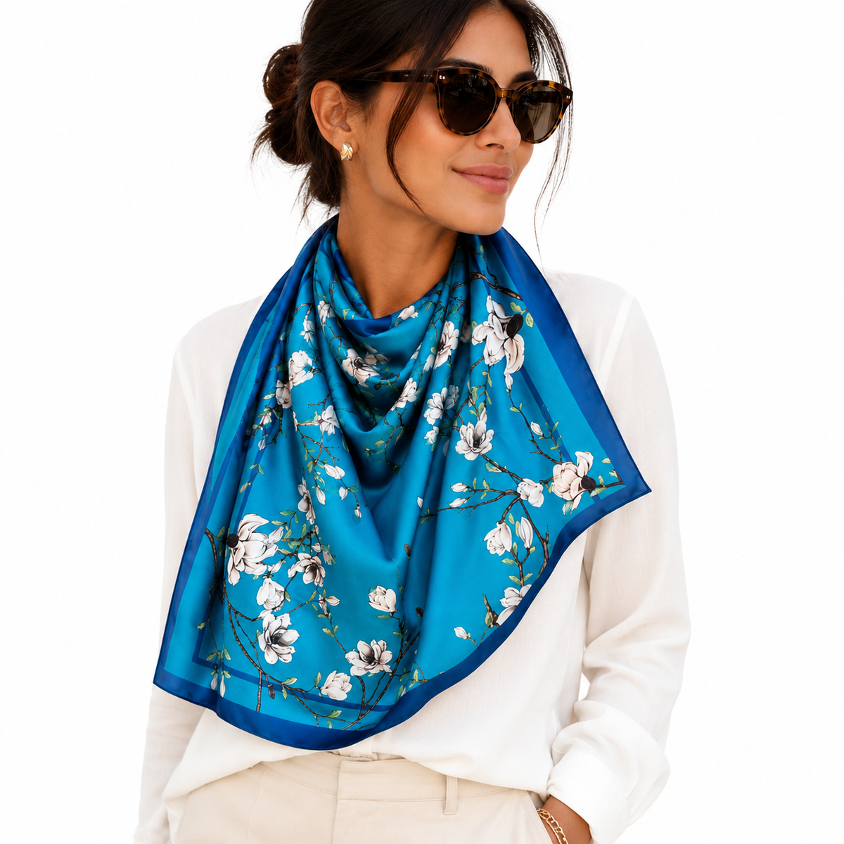 Teal Blue Magnolia Blossom Square Scarf | Silk Blend Floral Neck & Head Wrap 35"