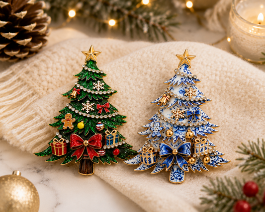 Christmas Tree Brooch Pin with Rhinestone Holiday Charms