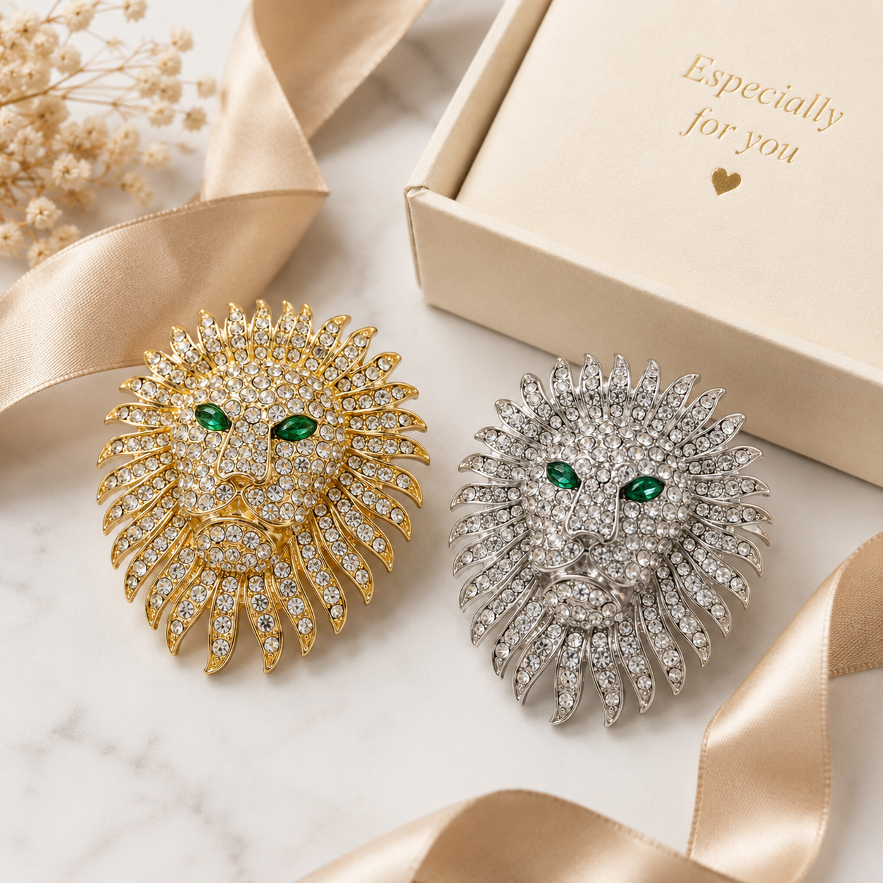 Crystal Lion Head Brooch – Pave Rhinestone Mane with Emerald Green Crystal Eyes