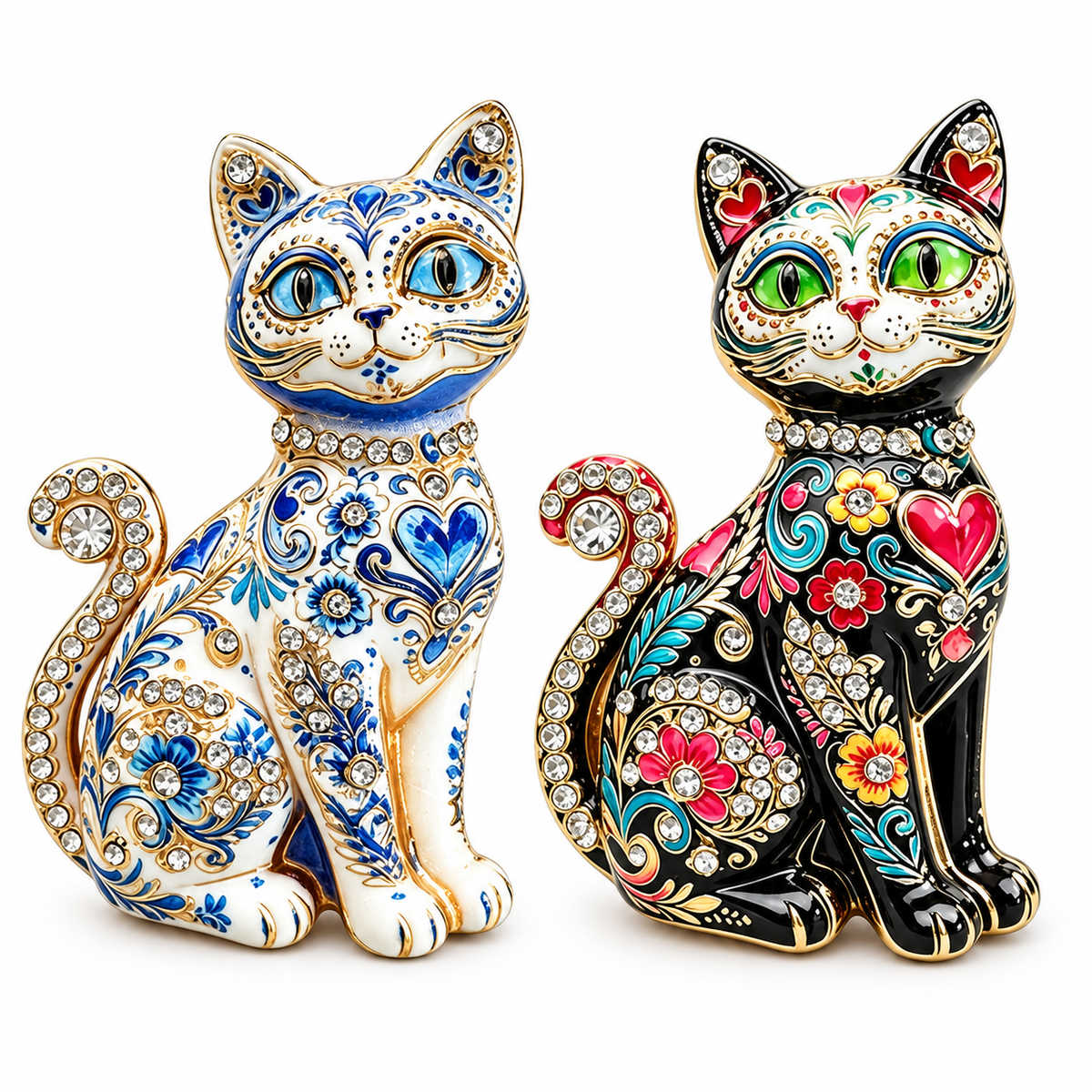 Floral Enamel Cat Brooch Gift Set, 2 Pieces
