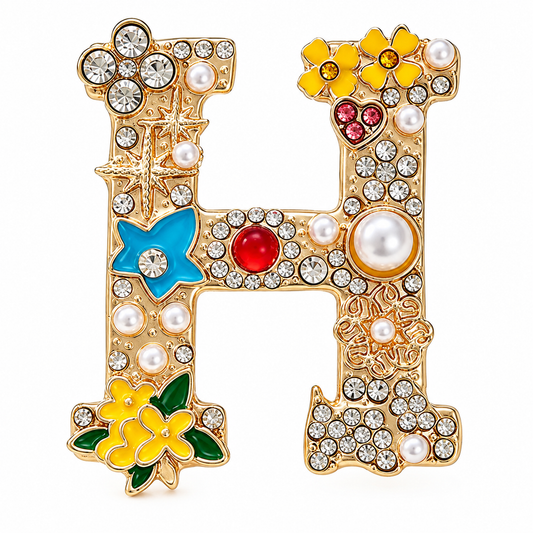 Letter H Initial Brooch with Rhinestones & Faux Pearls