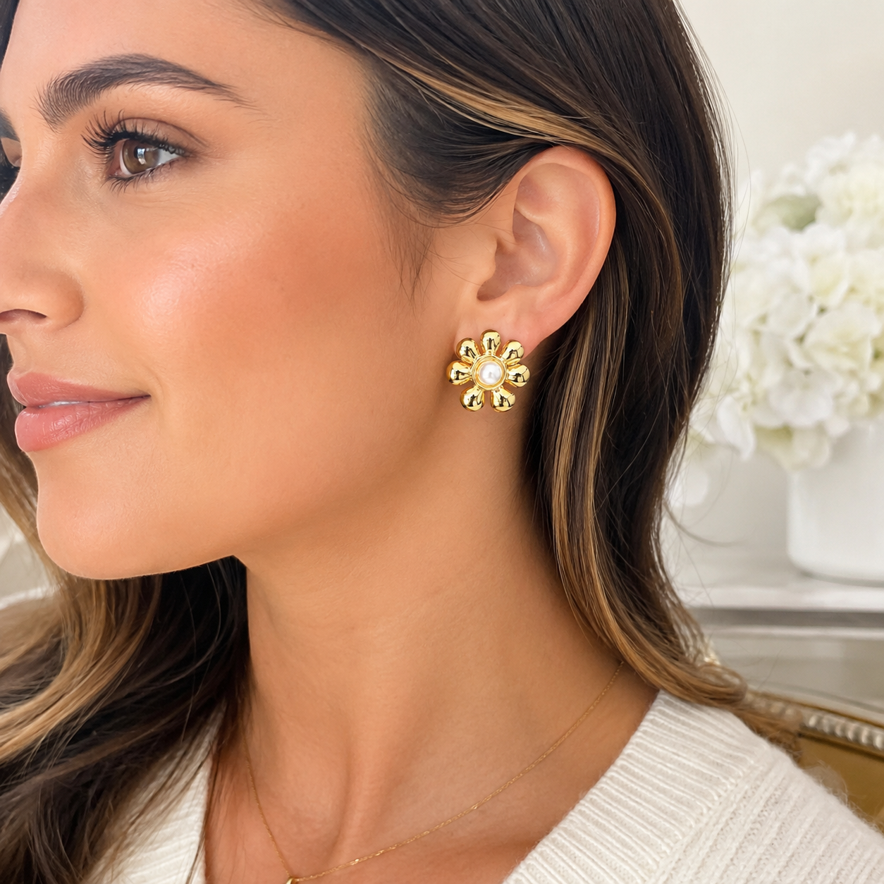 Waterproof Stainless Steel Gold Pearl Flower Stud Earrings