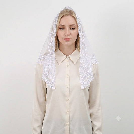White Lace Chapel Veil Embroidered Religious Scarf
