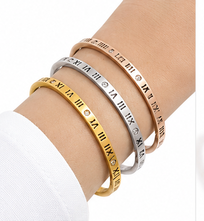 Roman Numeral Bangle Bracelet Set | 3-Piece Stackable Gold, Silver & Rose Gold