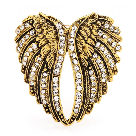 Rhinestone Angel Wings Brooch | Antique Gold Tone Celestial Pin