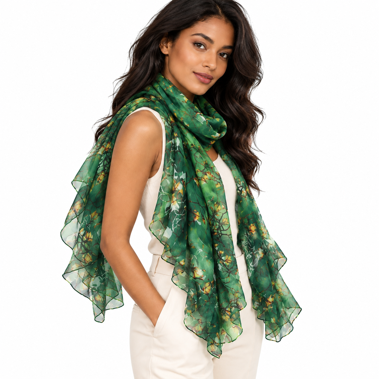 Emerald Green Floral Print Chiffon Scarf
