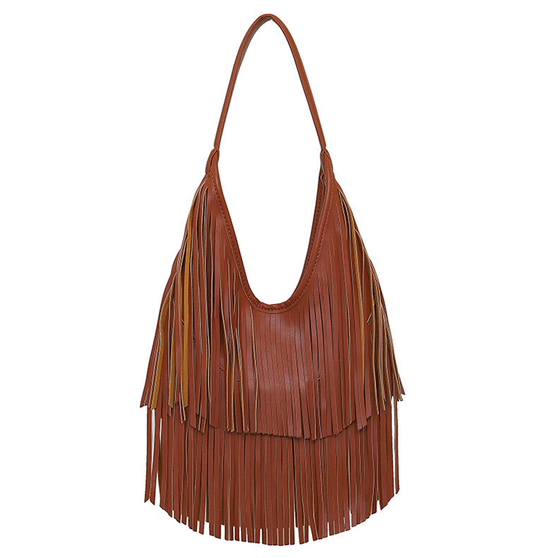Womens Fringe Hobo Bag Tassel Shoulder Tote Faux Leather Boho Satchel Purse