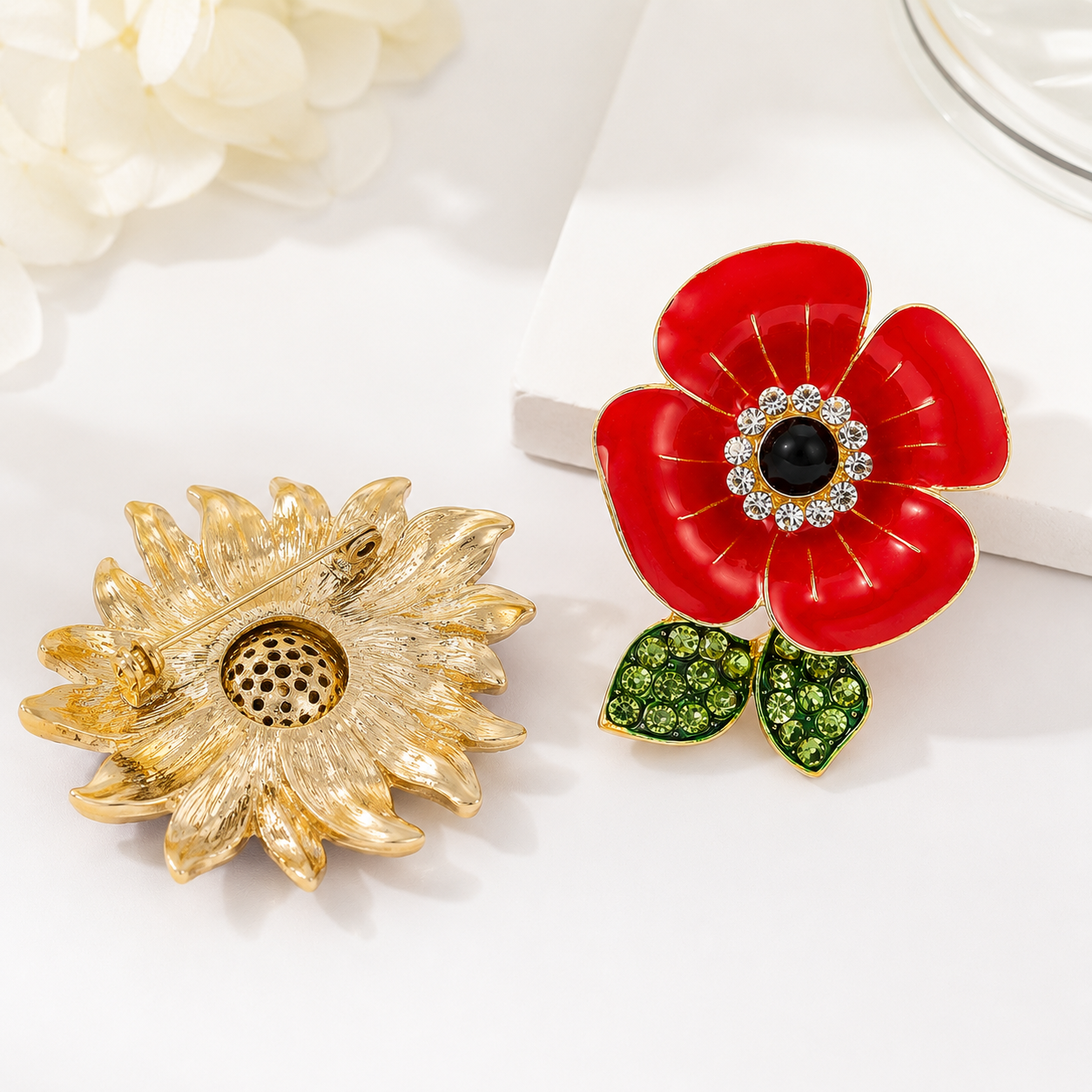 Sunflower & Red Flower Enamel Brooch Pin Set | 2 Piece Rhinestone Floral Pins