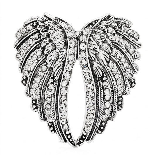 Rhinestone Angel Wings Brooch | Antique Silver Tone Celestial Pin