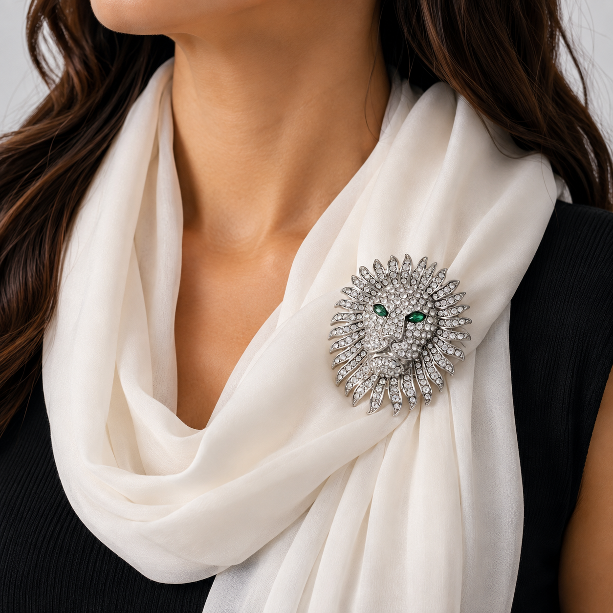 Crystal Lion Head Brooch – Pave Rhinestone Mane with Emerald Green Crystal Eyes