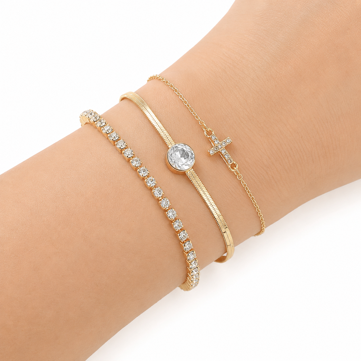 3-Piece Gold Tone Crystal Cross Bracelet Set for Women