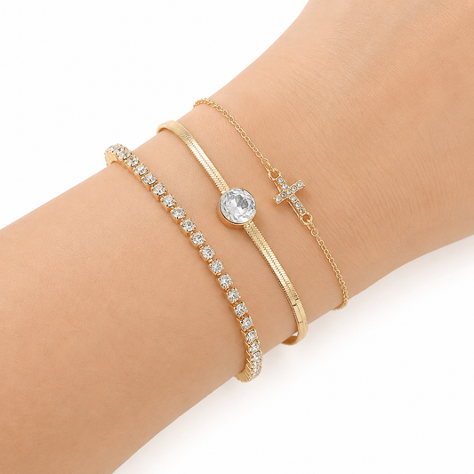 3-Piece Gold Tone Crystal Cross Bracelet Set for Women