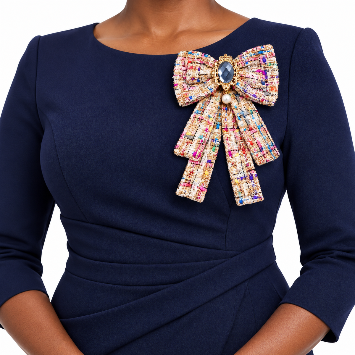 Oversized Tweed Bow Brooch Set with Faux Pearl Drops – Black & Cream, 2 Pieces