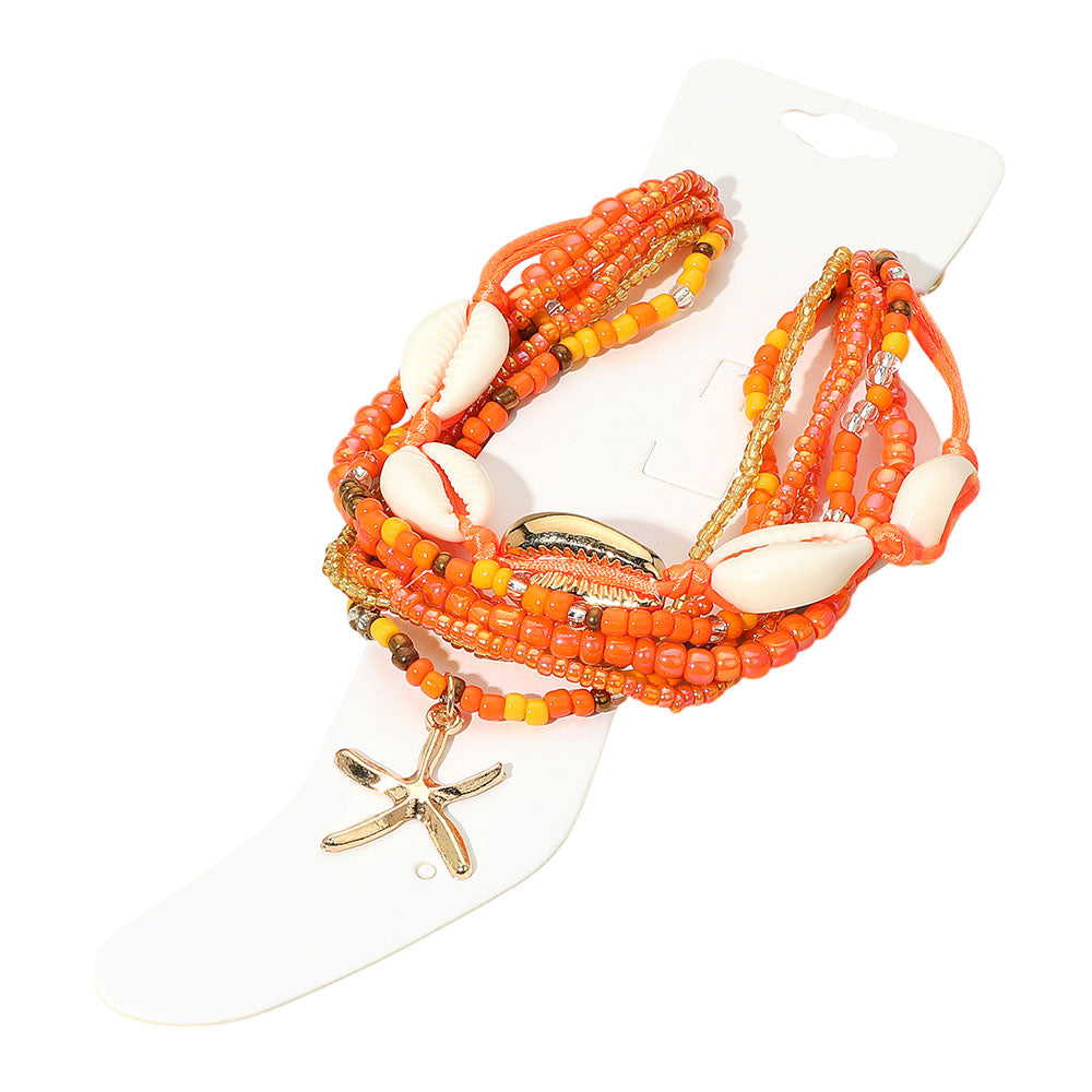 6PCS Starfish Charm Accented Conch Shell Seed Beaded Multi Layered Anklets Set