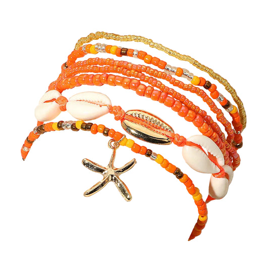 6PCS Starfish Charm Accented Conch Shell Seed Beaded Multi Layered Anklets Set