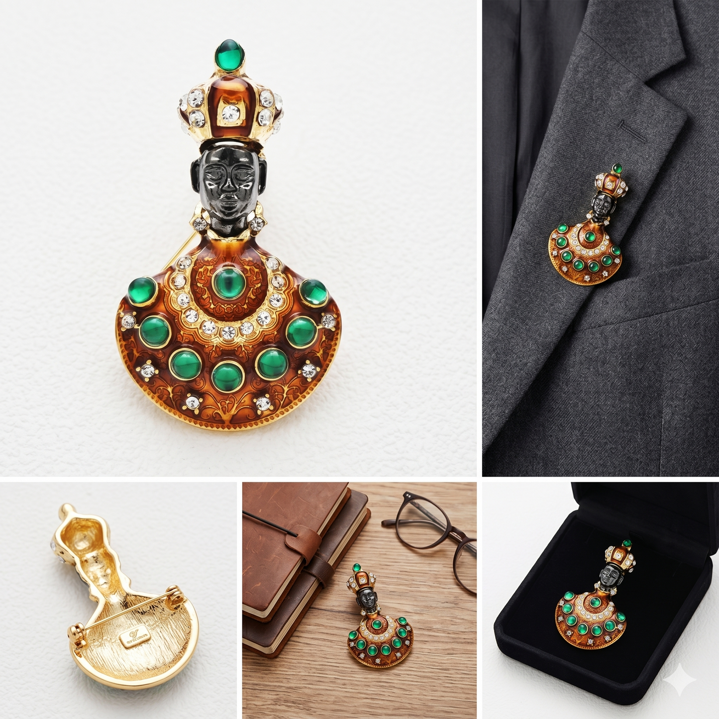 Regal black African crystal brooch pin worn on blazer lapel