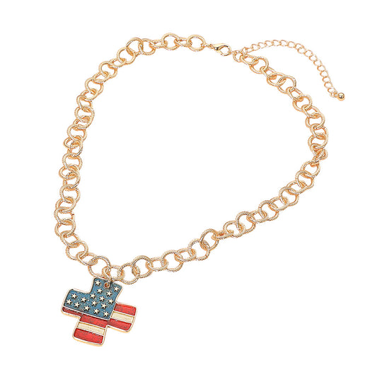 American USA Flag Cross Pendant Chunky Chain Necklace
