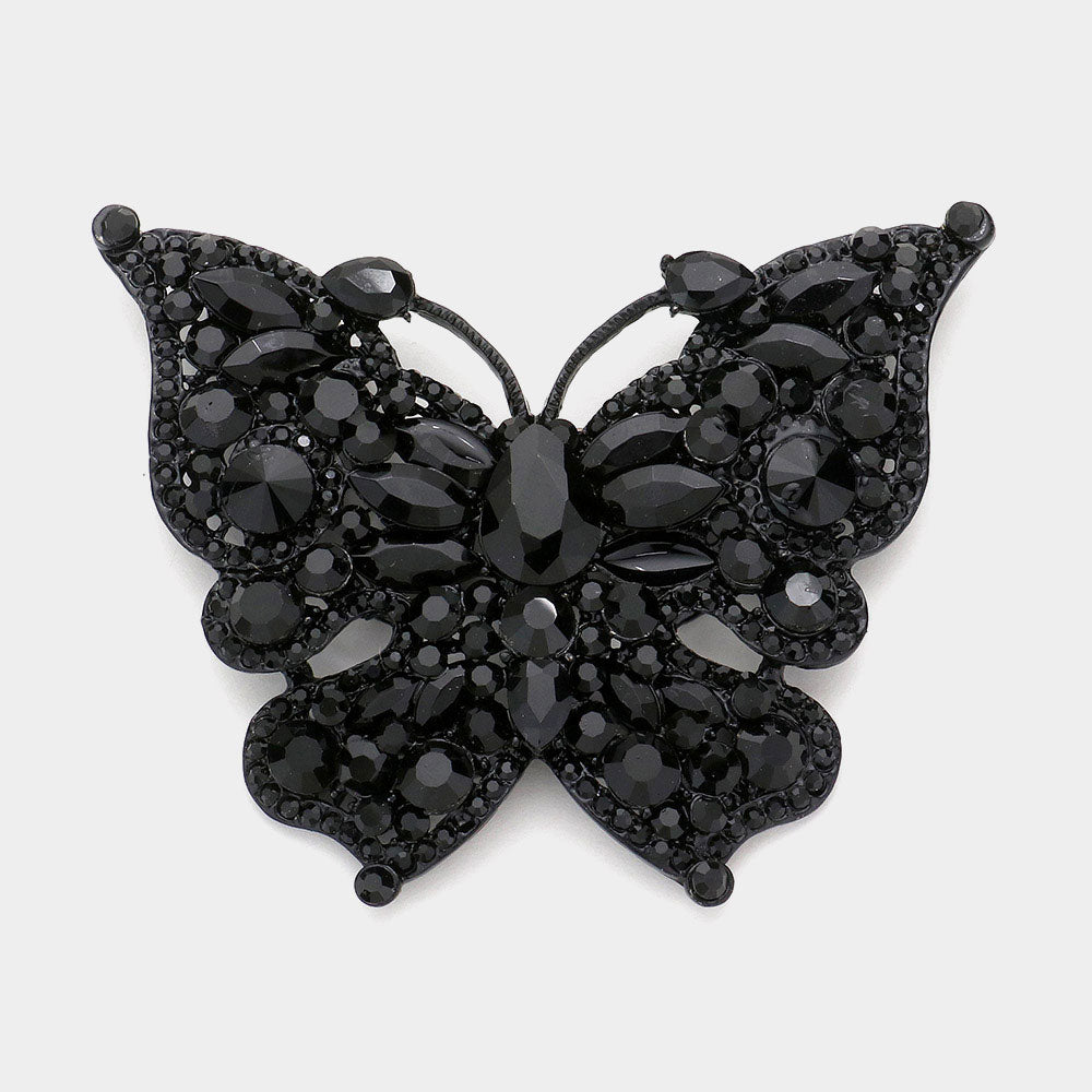 2 Piece Crystal Butterfly Brooch Pin Set Gold and Black Rhinestone Lapel Pins