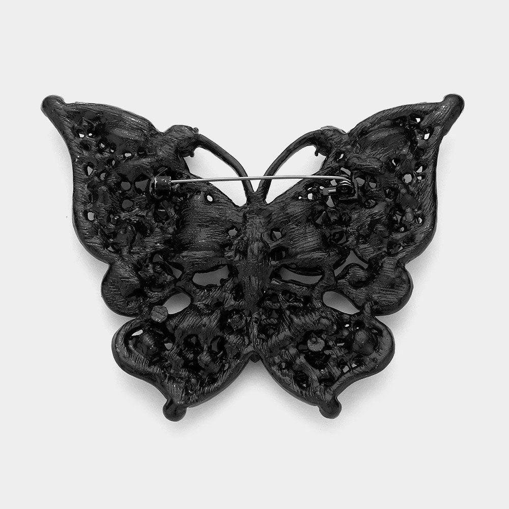 2 Piece Crystal Butterfly Brooch Pin Set Gold and Black Rhinestone Lapel Pins