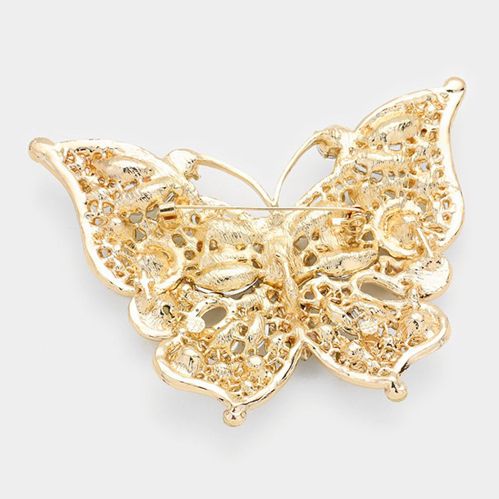 2 Piece Crystal Butterfly Brooch Pin Set Gold and Black Rhinestone Lapel Pins