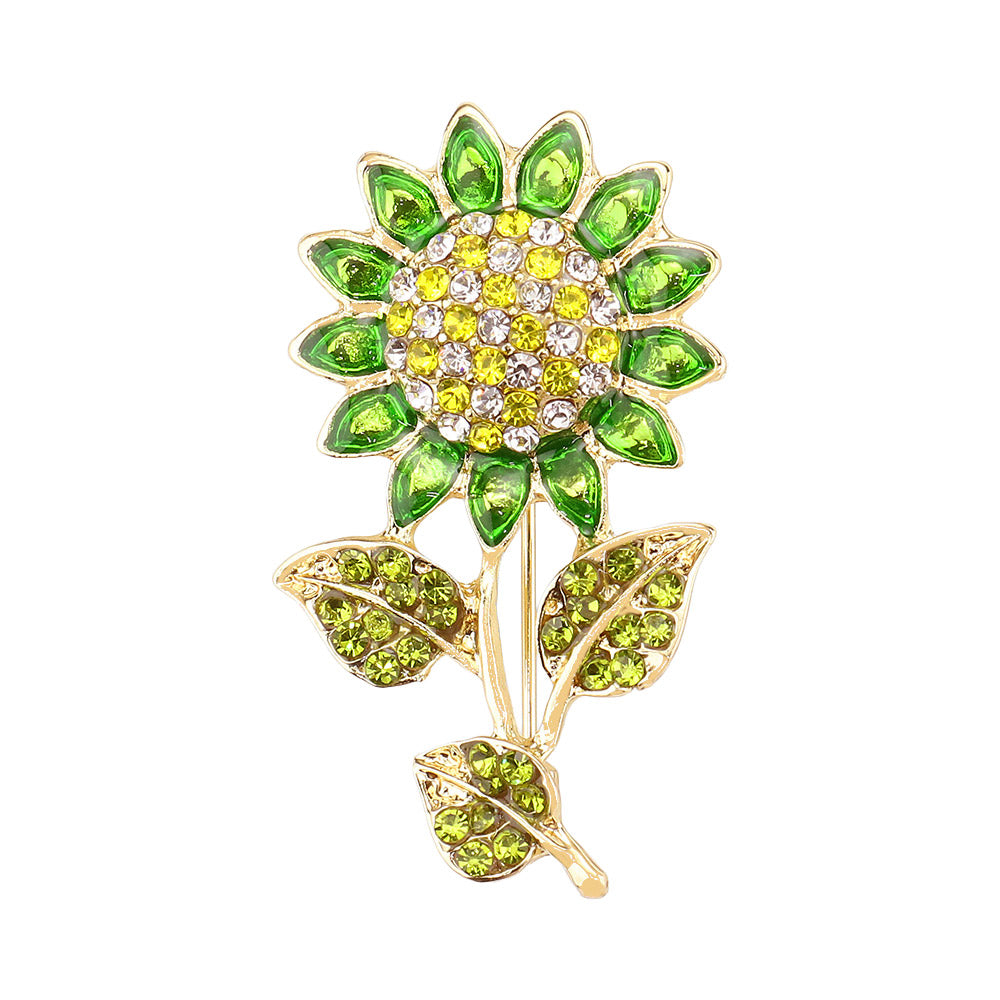 2 Piece Crystal Enamel Sunflower Brooch Pin Set