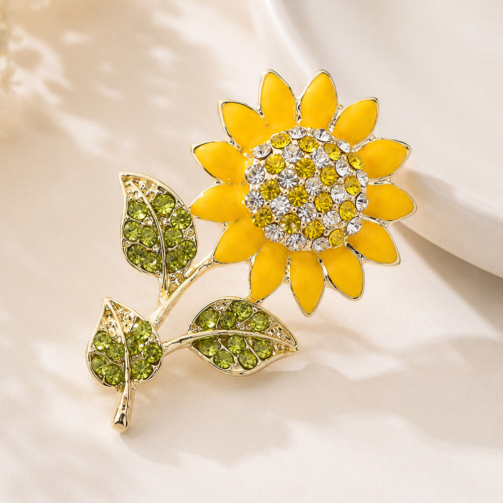 2 Piece Crystal Enamel Sunflower Brooch Pin Set