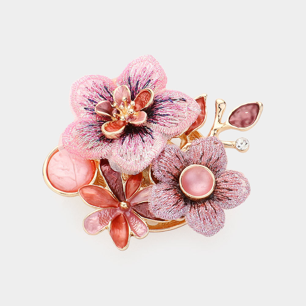 Pink embroidered floral cluster magnetic brooch – back view showing gold-tone magnetic closure components