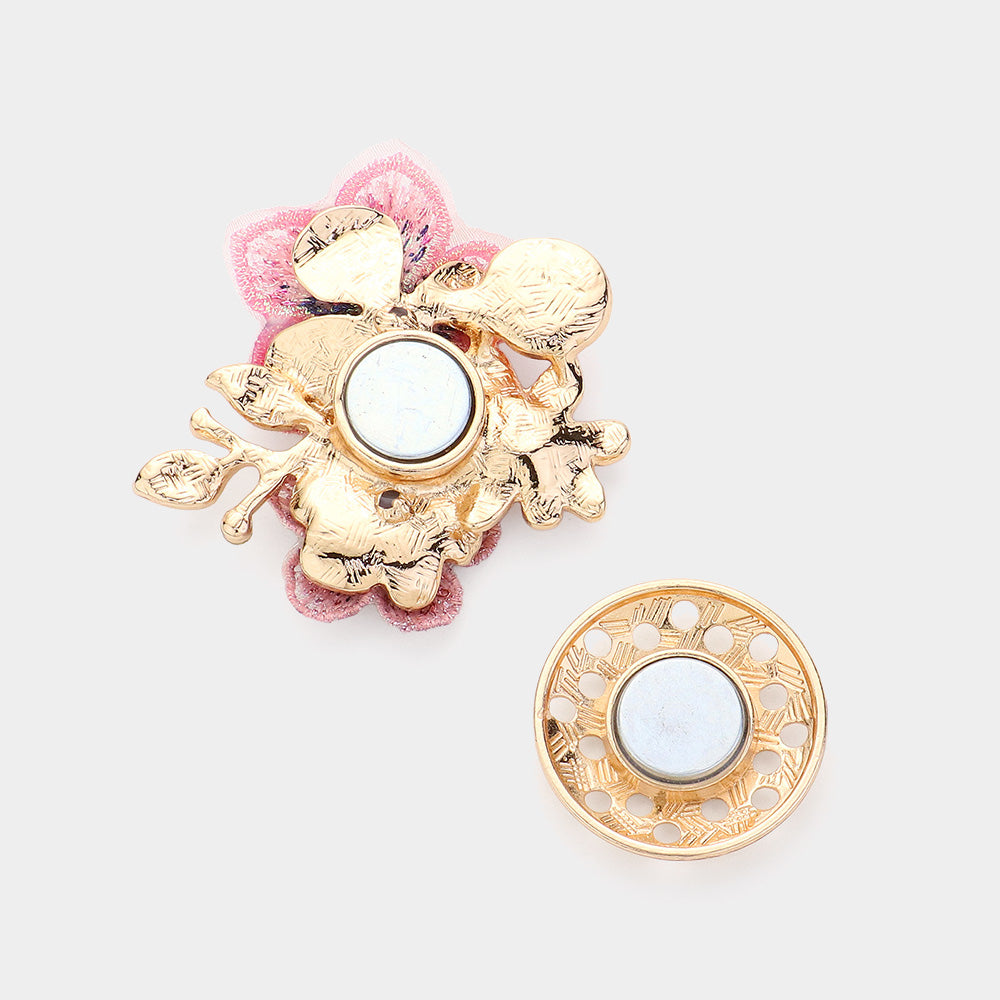 Pink embroidered floral cluster magnetic brooch – front view showing blush pink and mauve petals with gold-tone base and crystal accent