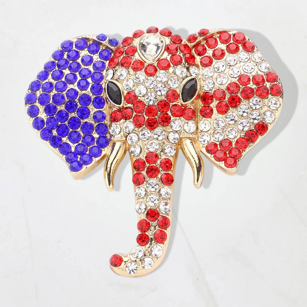 Elephant Brooch Red White Blue Crystal Patriotic Animal Pin