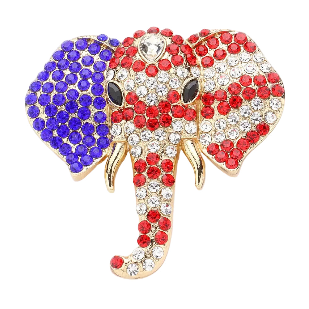 Elephant Brooch Red White Blue Crystal Patriotic Animal Pin