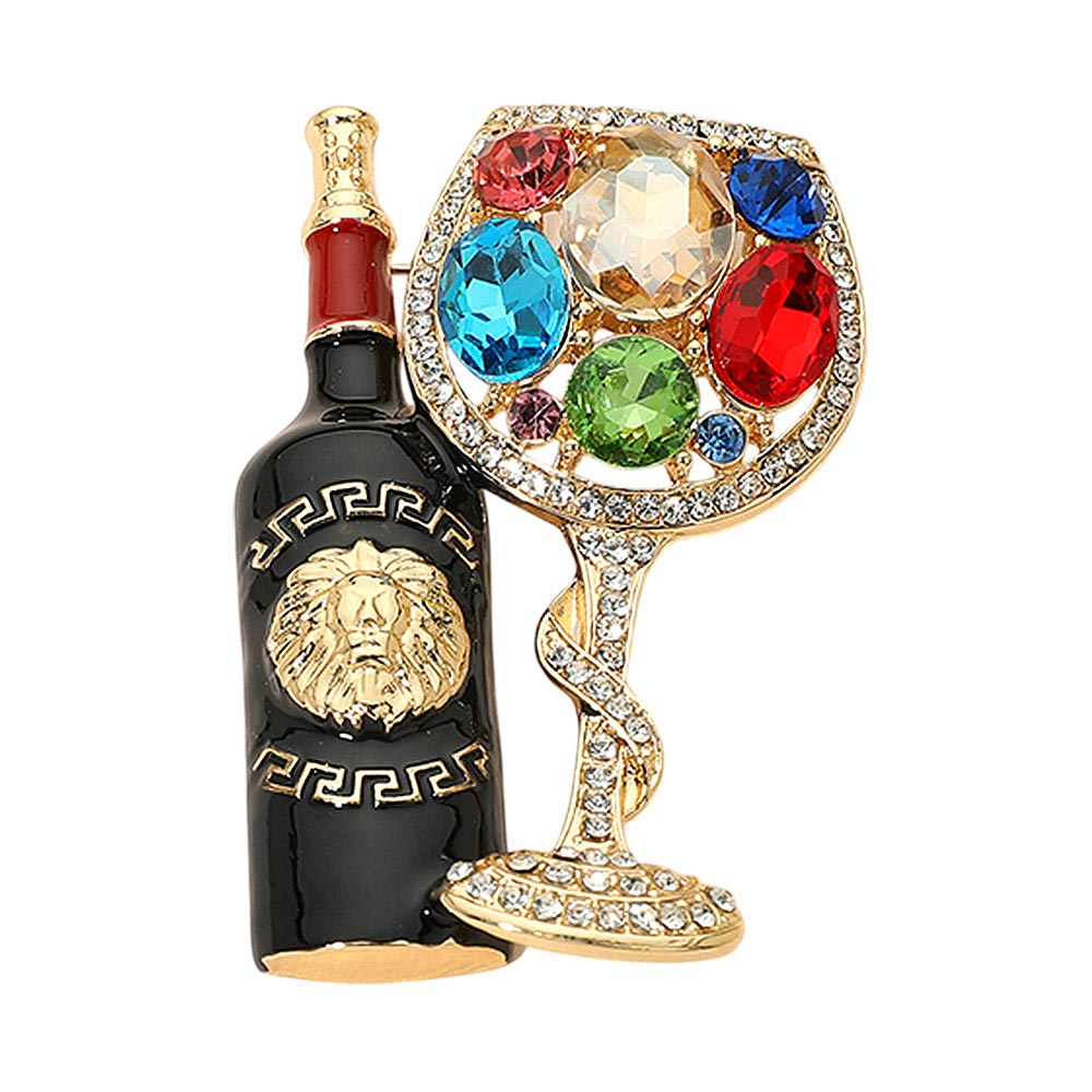 Crystal Wine Bottle and Glass Brooch