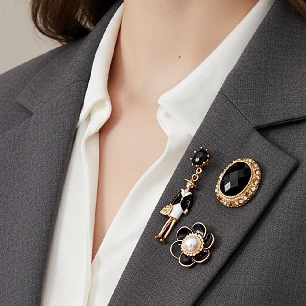 3PC Black & Gold Statement Brooch Pin Set for Women