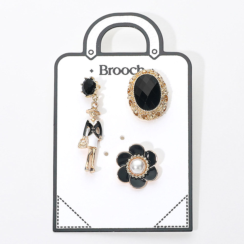 3PC Black & Gold Statement Brooch Pin Set for Women