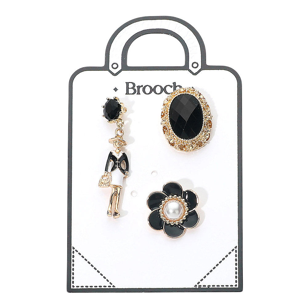 3PC Black & Gold Statement Brooch Pin Set for Women