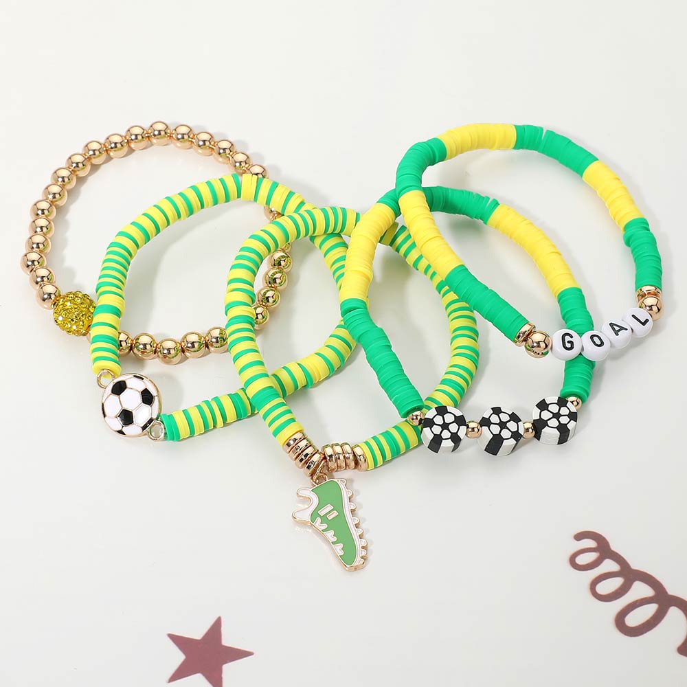5PCS Soccer Shoe Charm Goal Message Heishi Beaded Stretch Bracelet Set Multi Layered Game Day Soccer Fan Jewelry World Cup Accessories