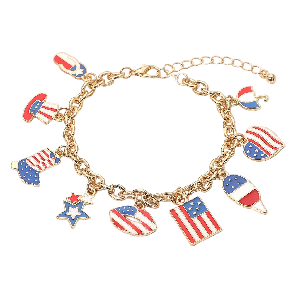Patriotic Charm Bracelet USA Flag Heart Star Lip Hat Gold Tone Chain Bracelet Adjustable Statement Jewelry