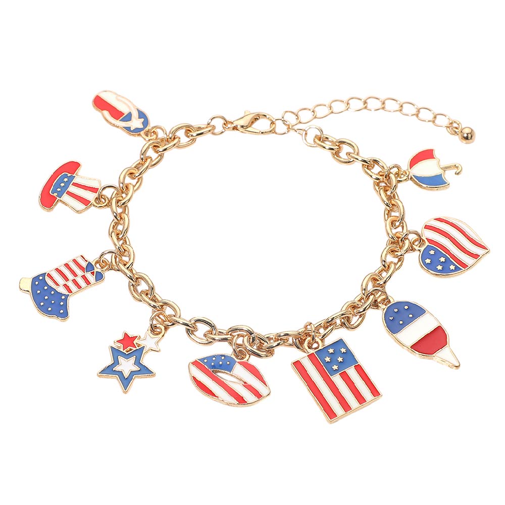 Patriotic Charm Bracelet USA Flag Heart Star Lip Hat Gold Tone Chain Bracelet Adjustable Statement Jewelry