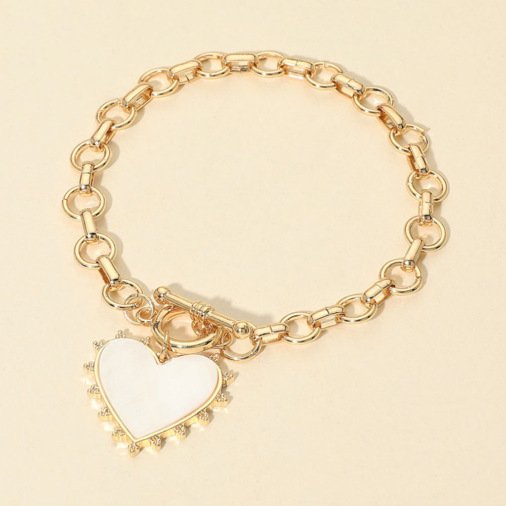 Gold Heart Toggle Chain Bracelet 7.5 Inch Statement Jewelry