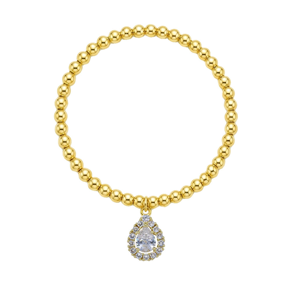 Gold Beaded Stretch Bracelet with CZ Teardrop Charm