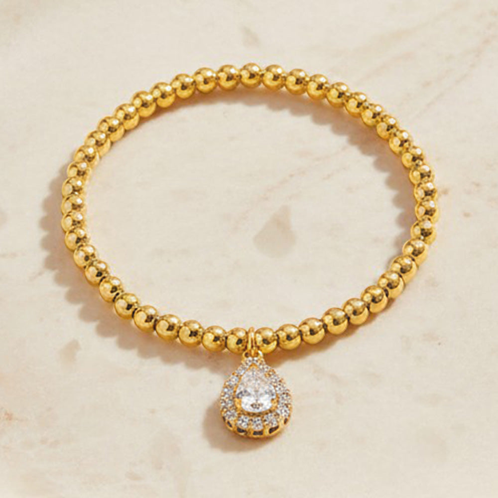 Gold Beaded Stretch Bracelet with CZ Teardrop Charm