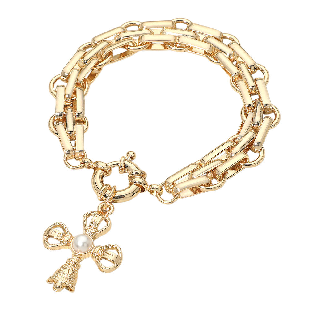 Pearl Accent Cross Charm Chunky Gold Tone Link Chain Bracelet 7 Inch Faith Inspired Statement Jewelry for Women