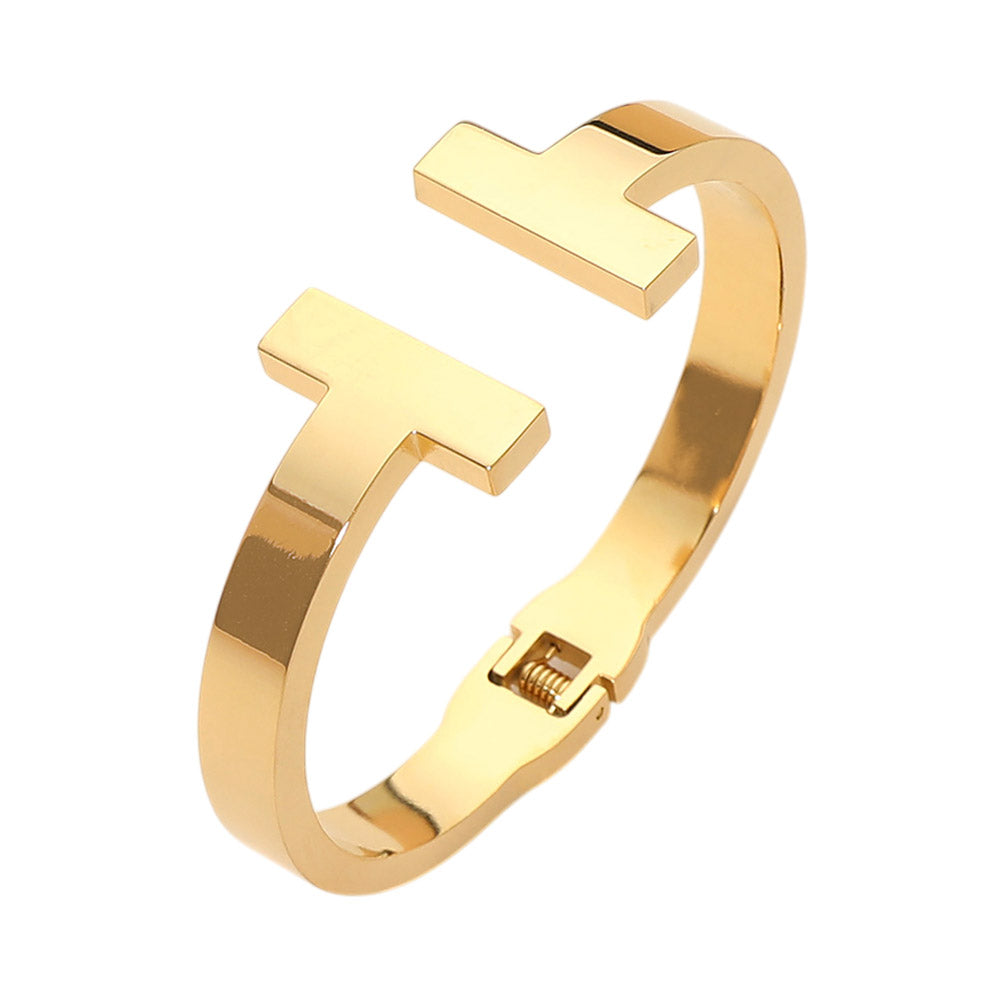 Gold Tone T Bar Cuff Bracelet for Women Hinged Open Bangle Minimalist Jewelry