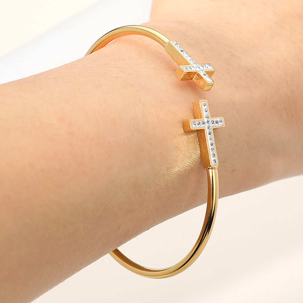 Double Cross Paved Stone Gold-Tone Stainless Steel Open Cuff Bracelet | Faith Bangle for Women