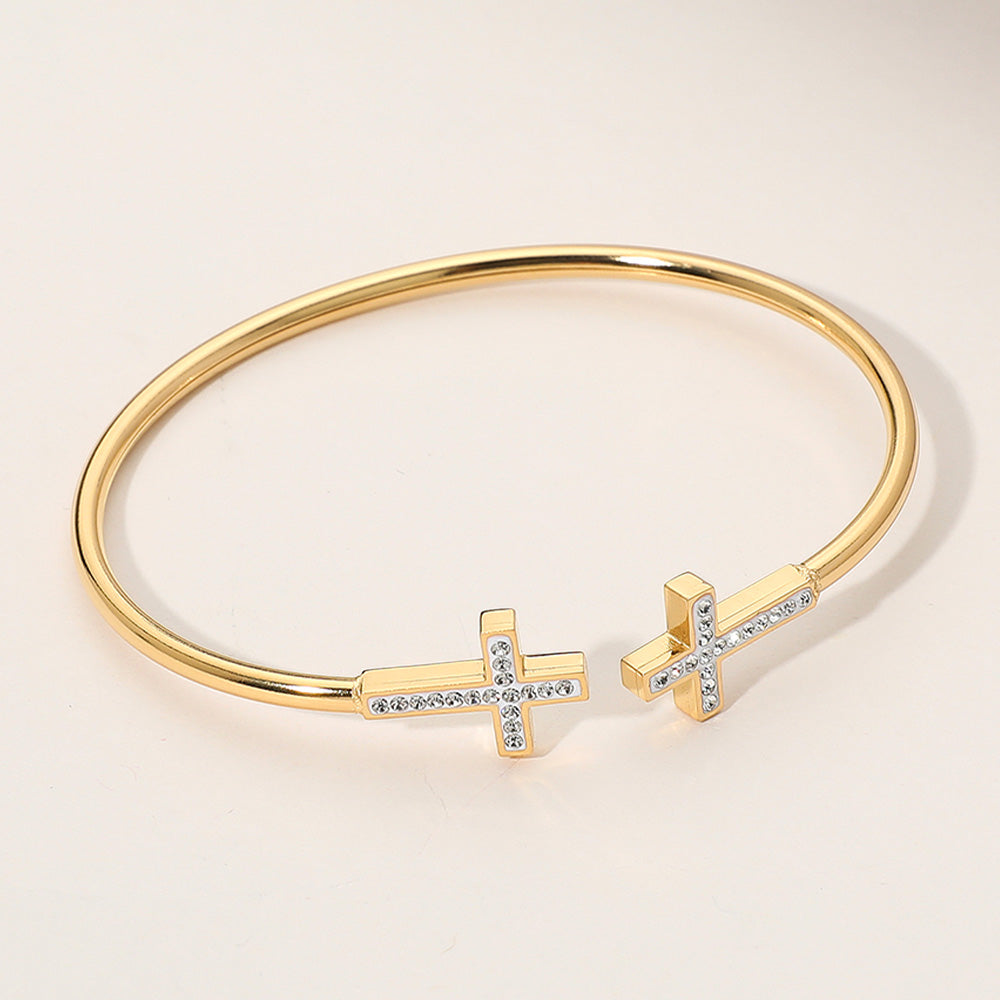 Double Cross Paved Stone Gold-Tone Stainless Steel Open Cuff Bracelet | Faith Bangle for Women
