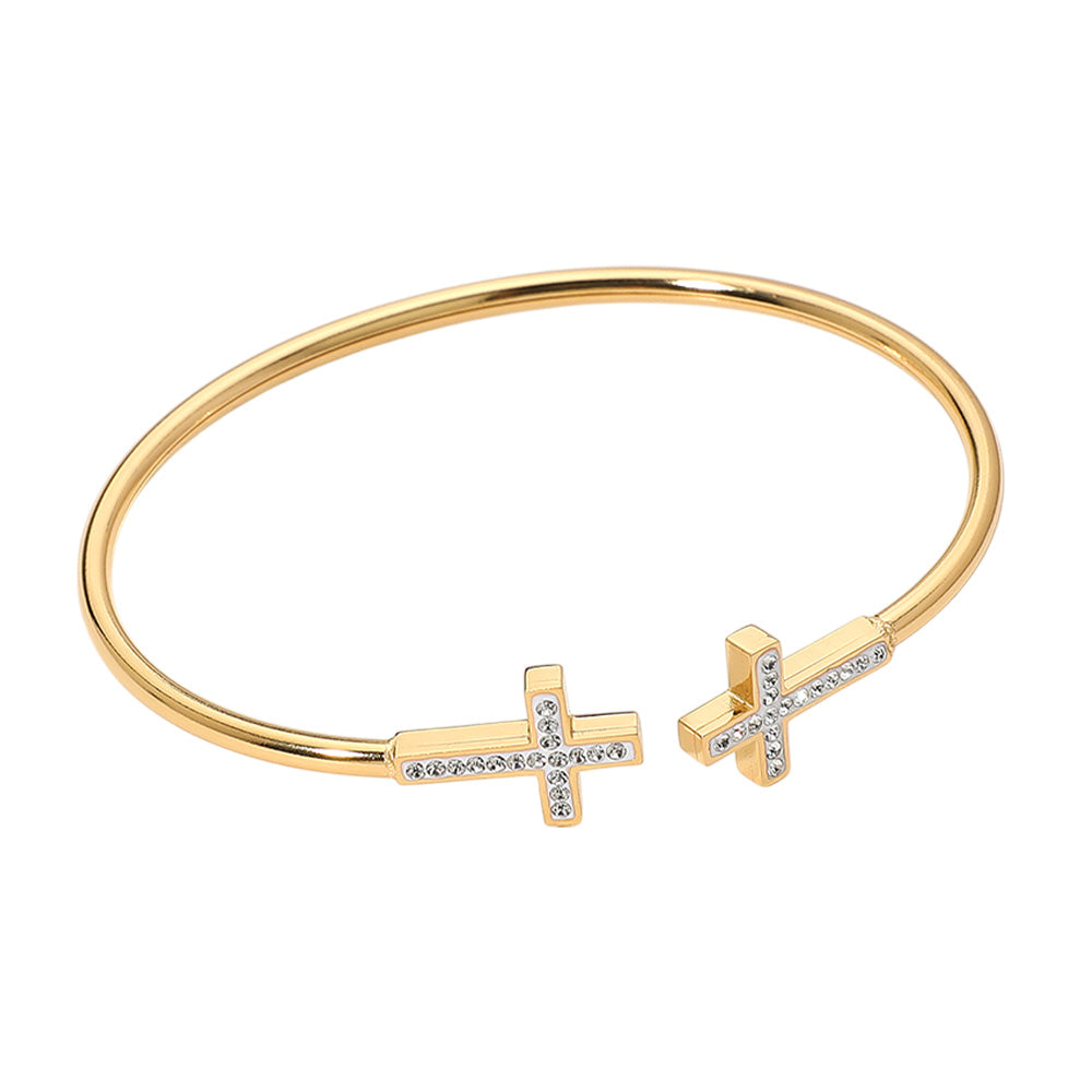 Double Cross Paved Stone Gold-Tone Stainless Steel Open Cuff Bracelet | Faith Bangle for Women