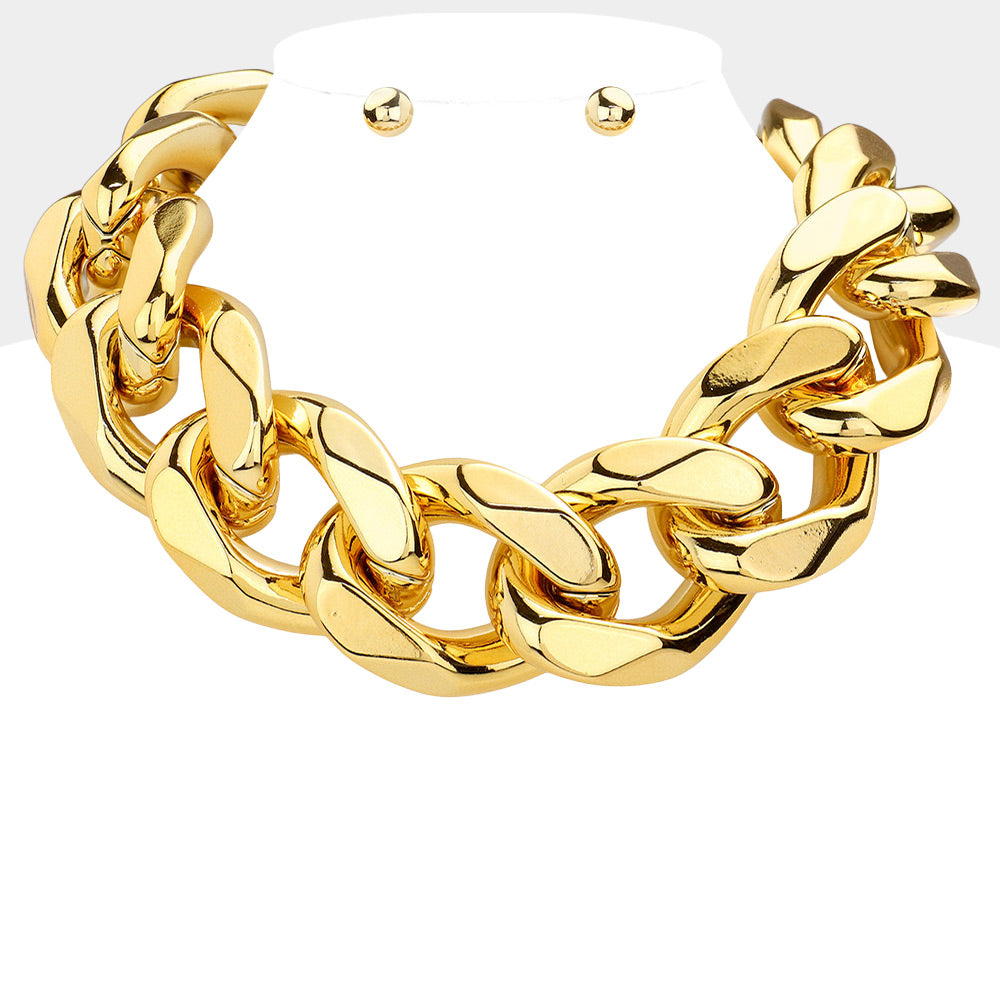 Bold Chain Link Necklace Set Gold Tone Statement Necklace and Earrings