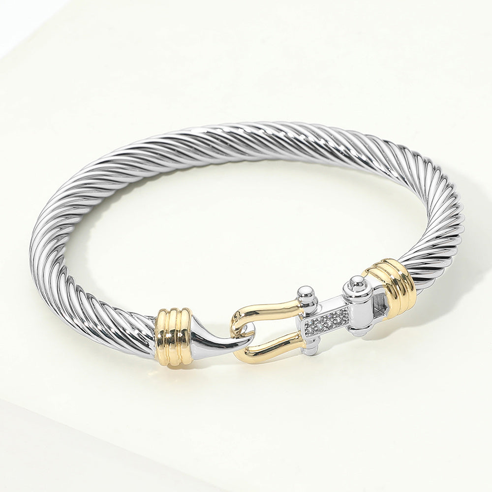 14K Gold Plated Two-Tone Twisted Cable Bangle Bracelet with CZ Pavé Shackle Clasp