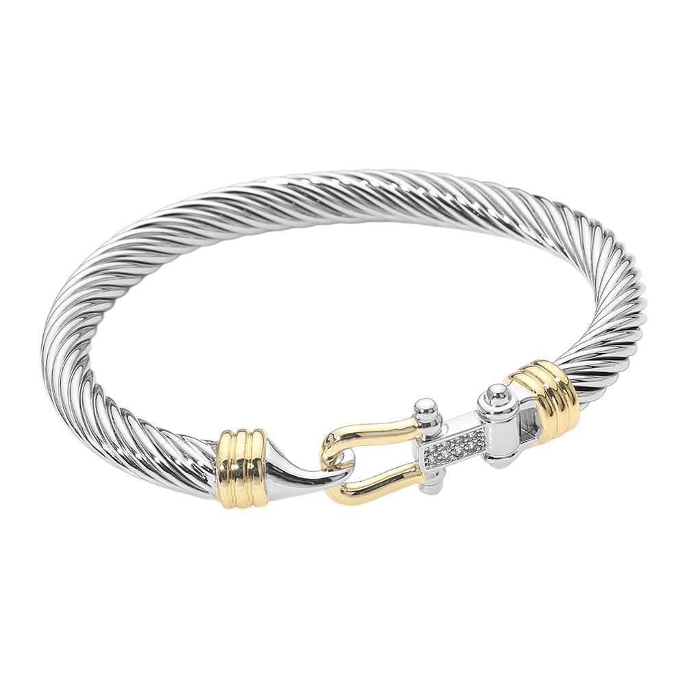14K Gold Plated Two-Tone Twisted Cable Bangle Bracelet with CZ Pavé Shackle Clasp